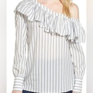 PAIGE Striped One-Shoulder Blouse in White and Gray
